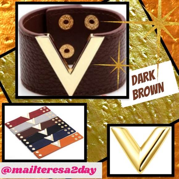 NEW 🤎BROWN Leather Wide Metal 'V' Wristband Cuff - Picture 1 of 3
